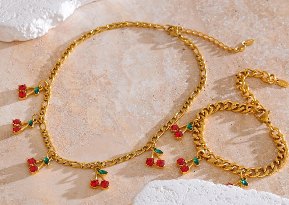 Cherry Charm Jewelry Set (Necklace & Bracelet)