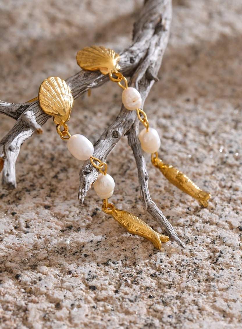 Freshwater Pearl & Ocean Charms Dangle Earrings