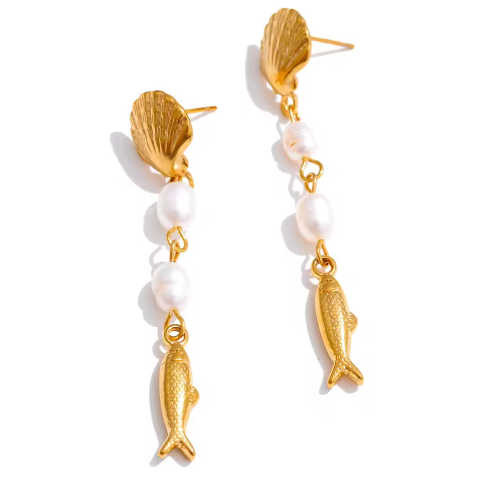 Freshwater Pearl & Ocean Charms Dangle Earrings