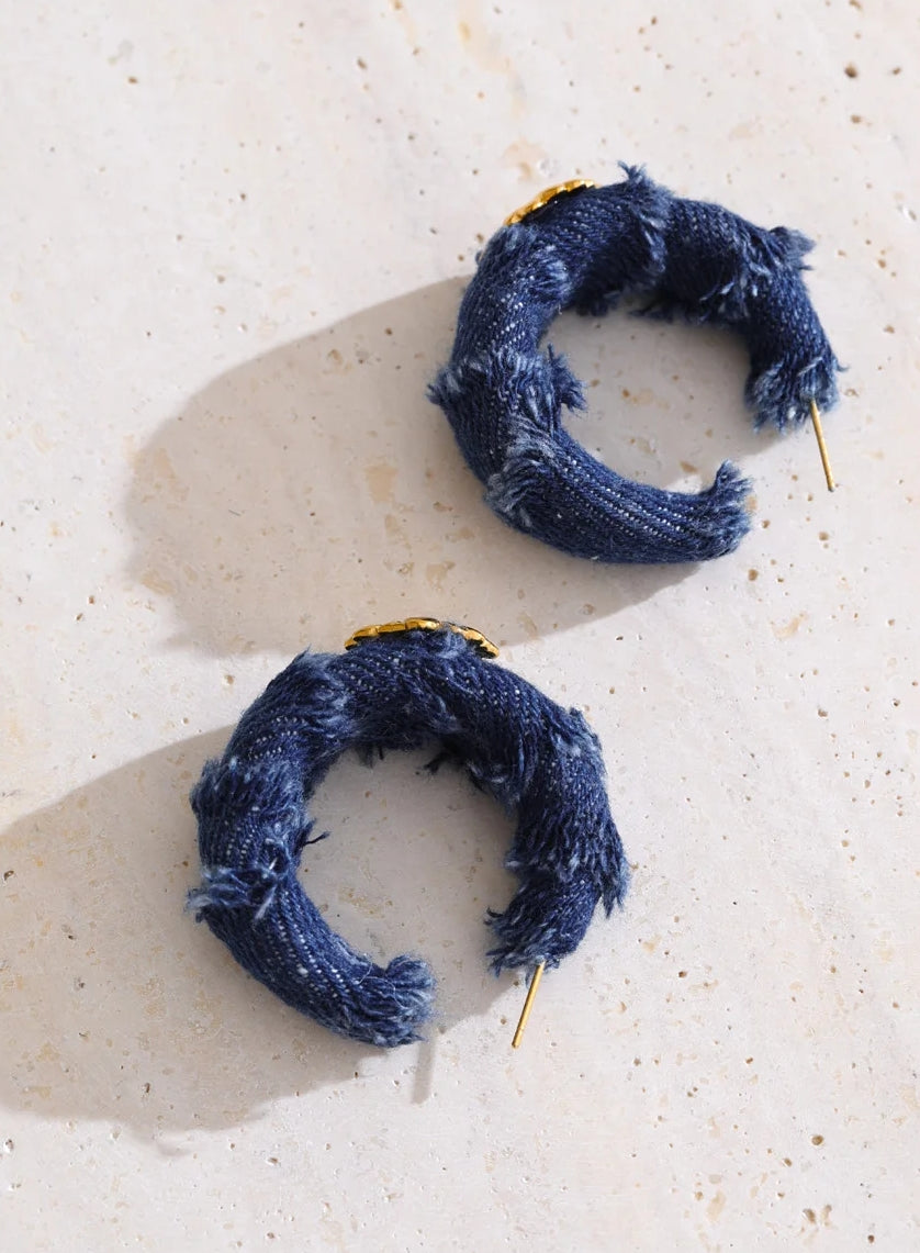 Blue Denim Flower Hoop Earrings