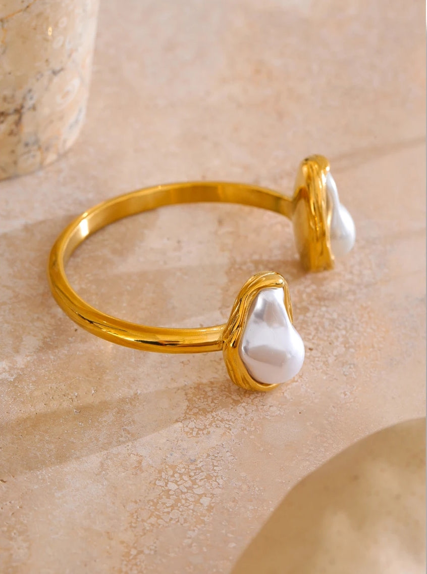 Inlaid Double Natural Pearl Cuff Bracelet