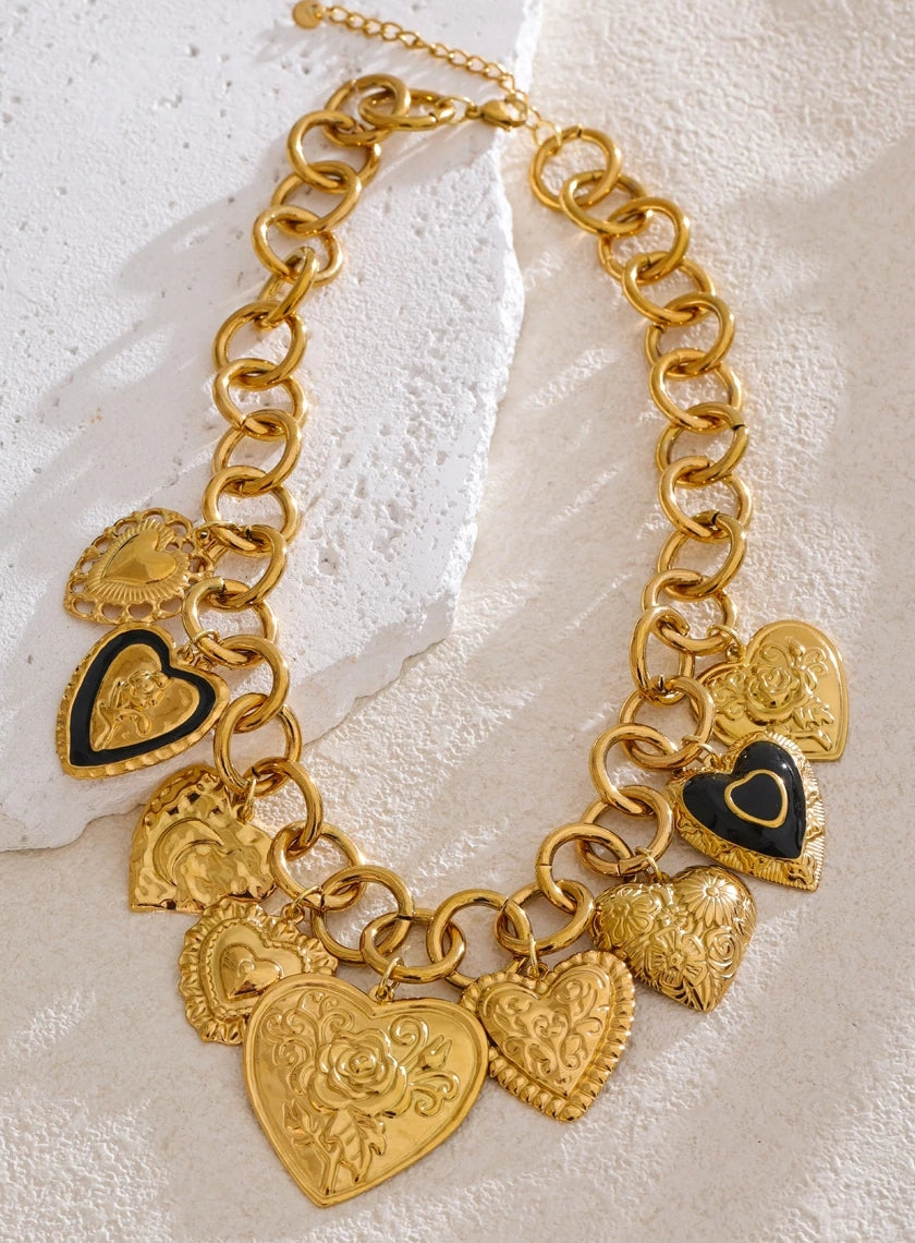 Large Circle Chain Necklace with Multiple Hearts
