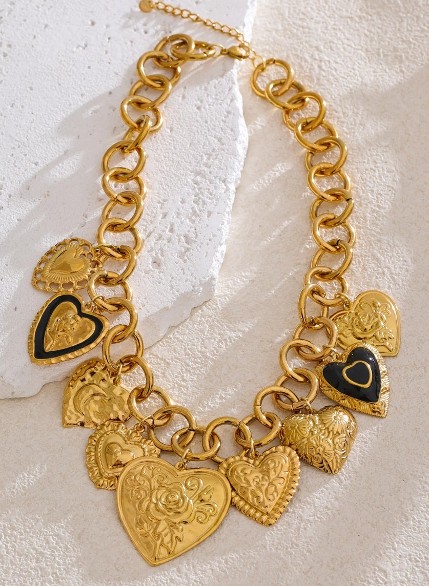 Mix Engraved Heart Multi Charm Necklace
