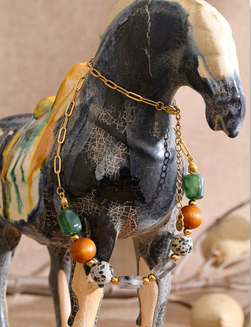 Natural Stone Resin Wood Beads Chain Necklace