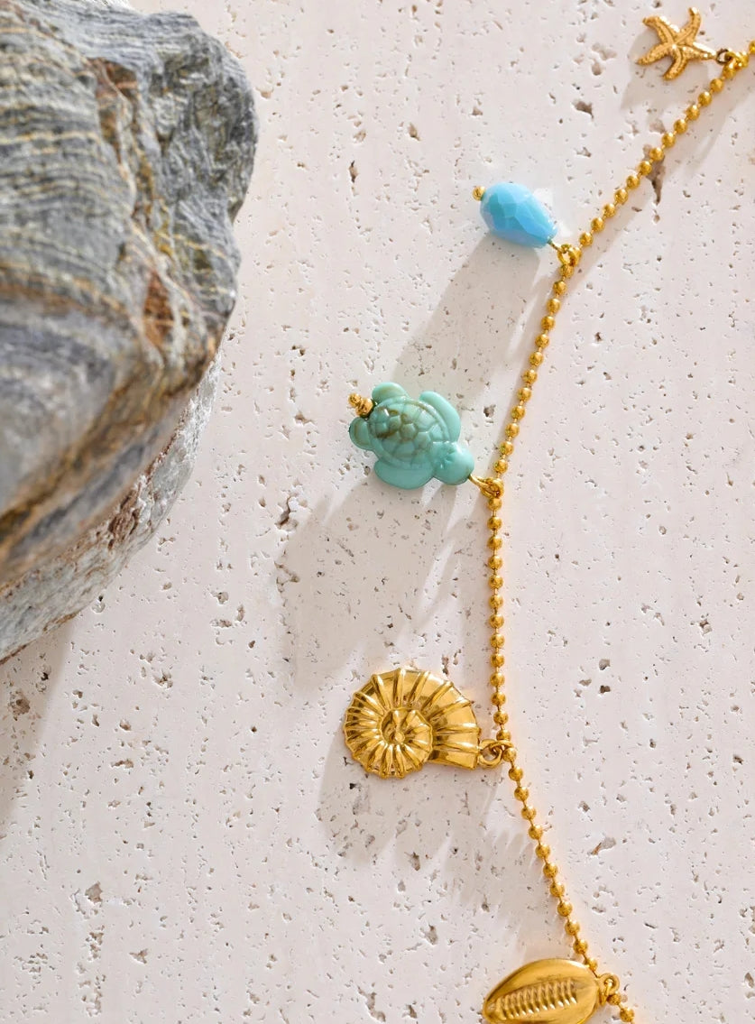 Colorful Ceramic Sea Charm Necklace with Gold Chain