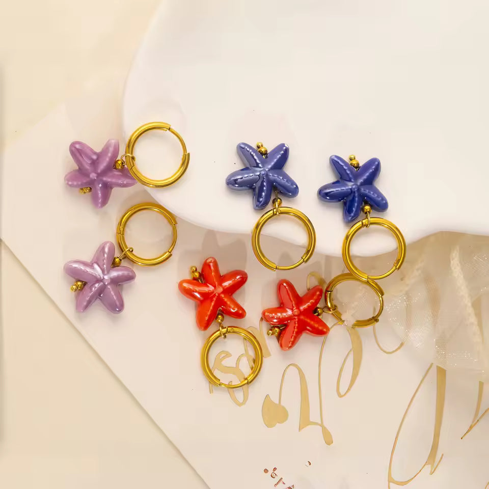 Ceramic Starfish Dangle Hoop Earrings