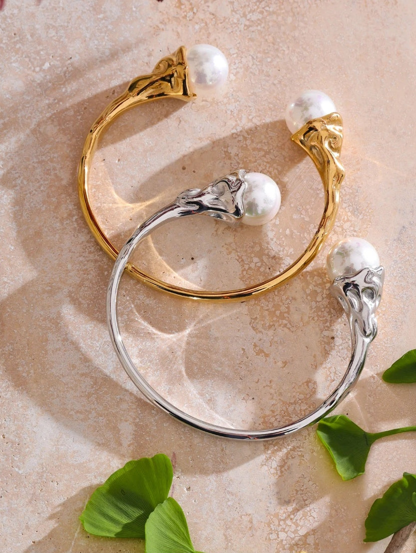 Baroque Style Gold Pearl Open Cuff Bracelet