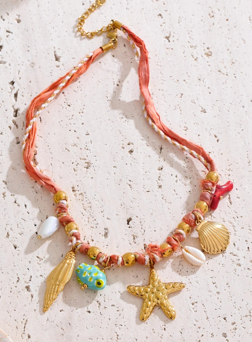 Braided Red Rope Sea Charms Necklace