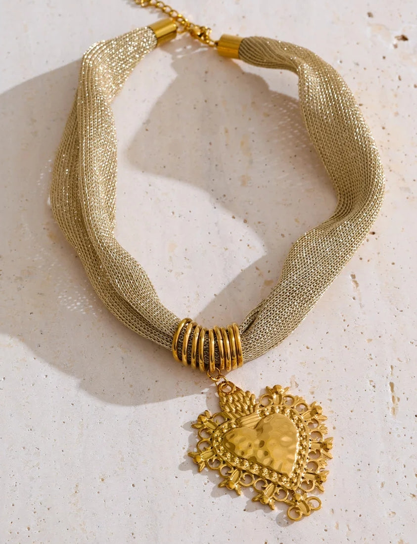 Golden Sacred Heart Mesh Cord Necklace