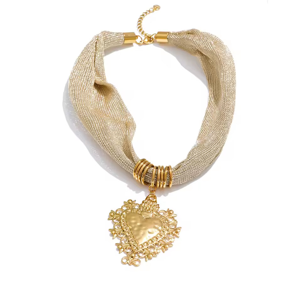 Golden Sacred Heart Mesh Cord Necklace