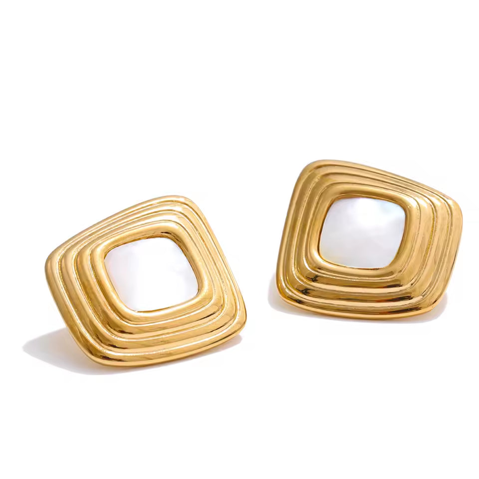 Asymmetric Square Stud Earrings with Shell Detail