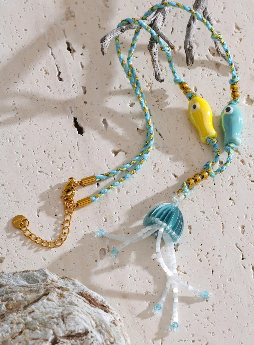 Crystal Jellyfish & Twin Ceramic Fish Nautical Rope Necklace
