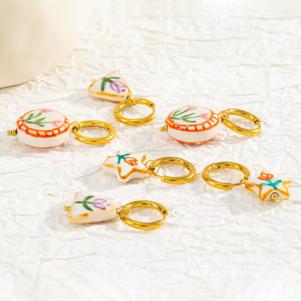 Doodle Flower Ceramic Pendant Hoop Earrings