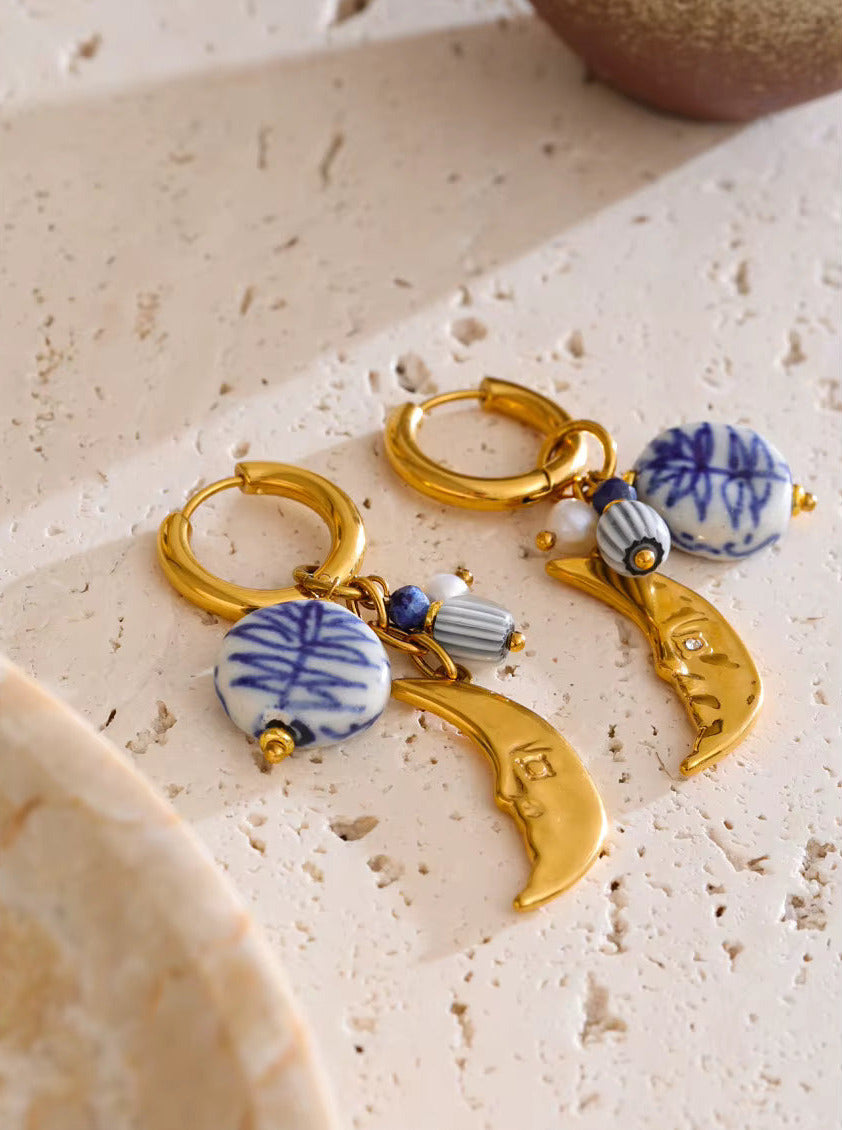 Ceramic Charm Simulated Pearl Moon Hoop Earrings