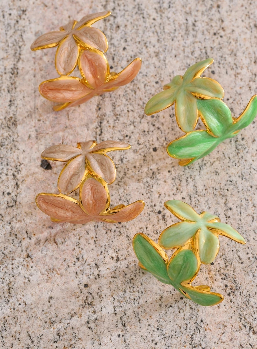 Pink Enamel Golden Flower Huggie Earrings