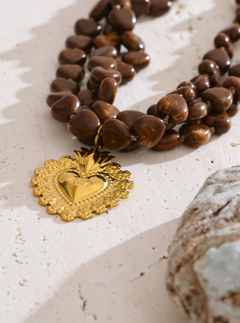 Multi Layered Brown Dolomite Heart Pendant Necklace