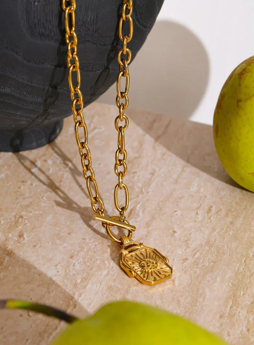 Rectangle Double-Sided Sun Moon Pendant Necklace