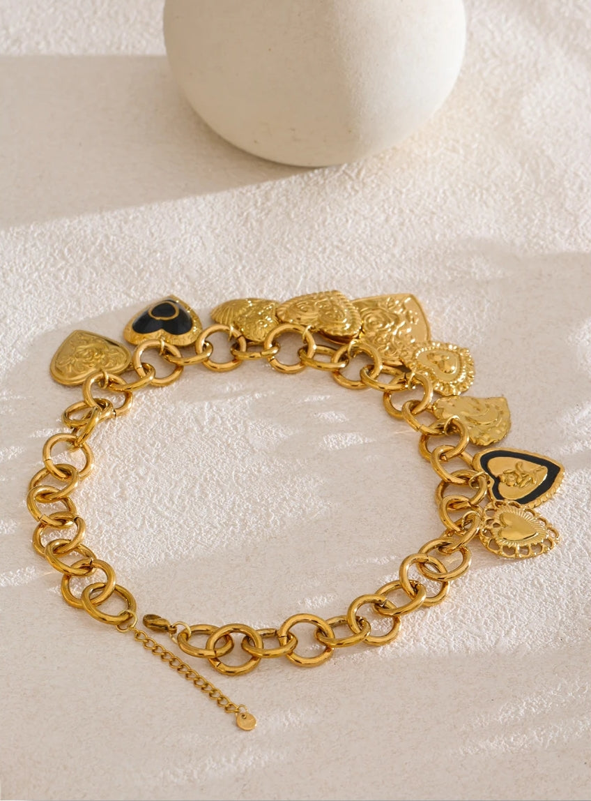 Large Circle Chain Necklace with Multiple Hearts