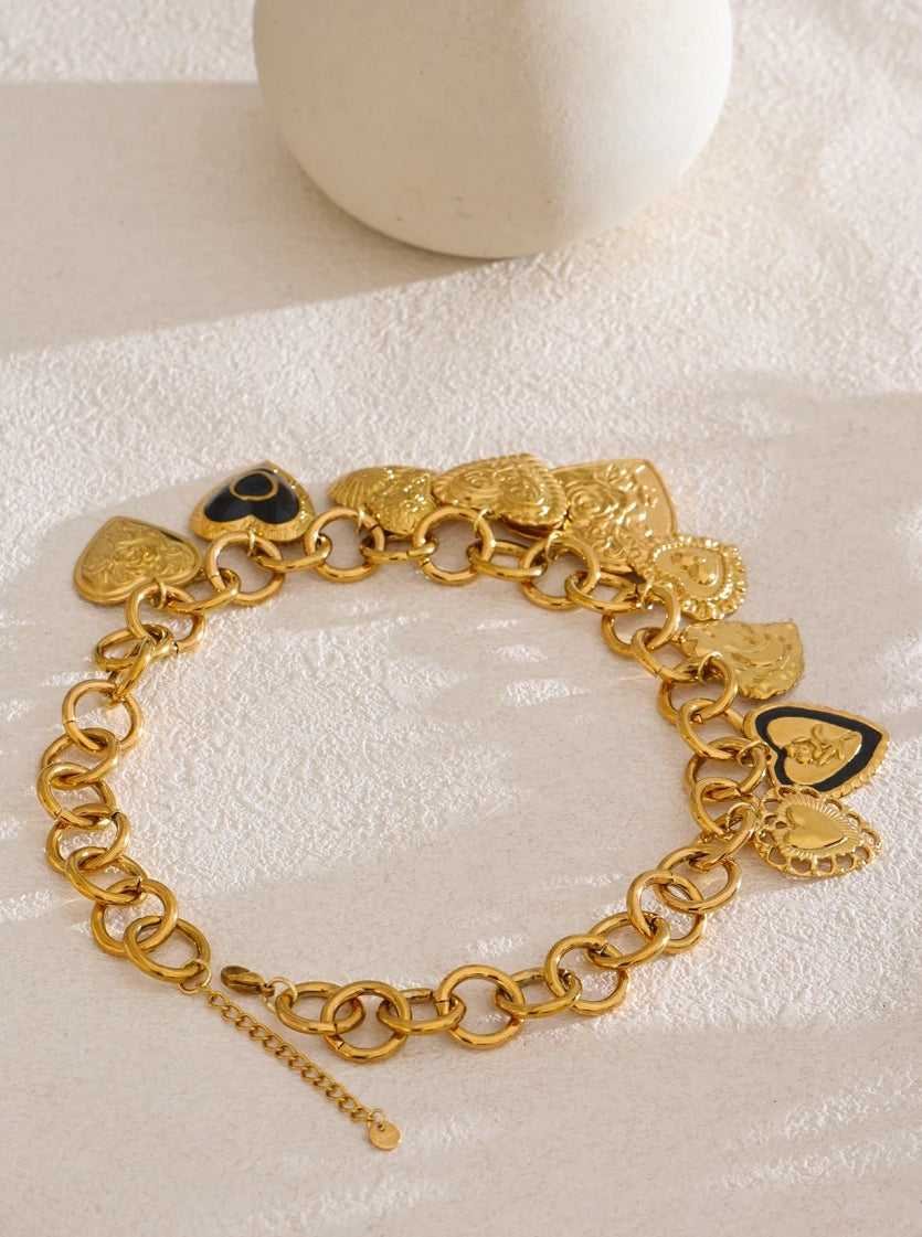 Mix Engraved Heart Multi Charm Necklace