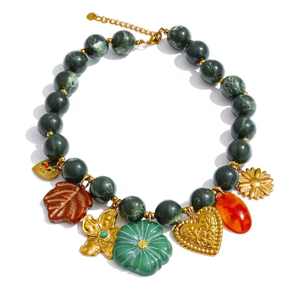 Green Beads Chain Leaf Flower Multi Charm Necklace