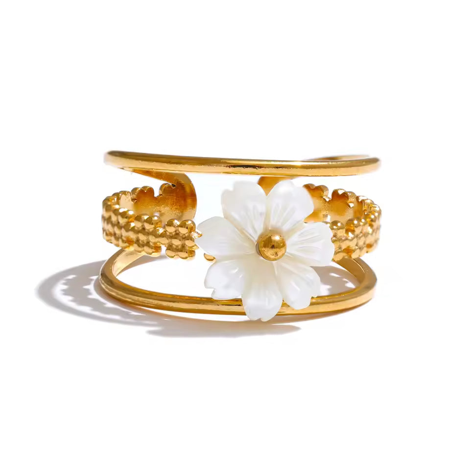 Natural Shell Flower Metal Hollow Adjustable Open Ring