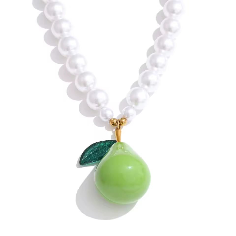 Pearl Chain Green Pear Pendant Necklace