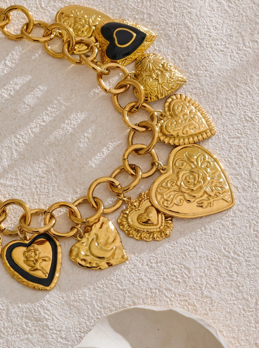 Mix Engraved Heart Multi Charm Necklace