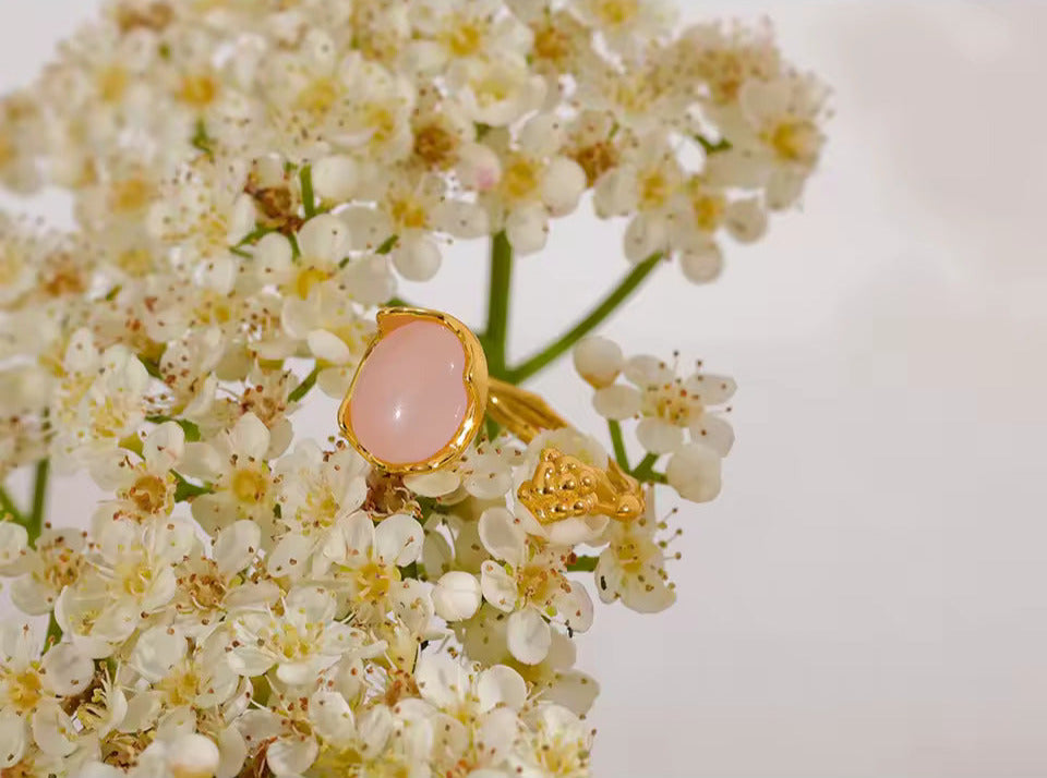 Natural Rose Quartz Stone & Flower Adjustable Open Ring