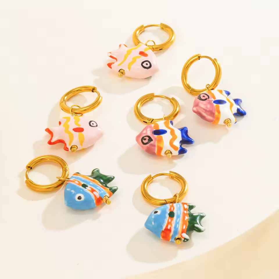 Hand Painted Ceramic Tropical Fish Hoop Earrings