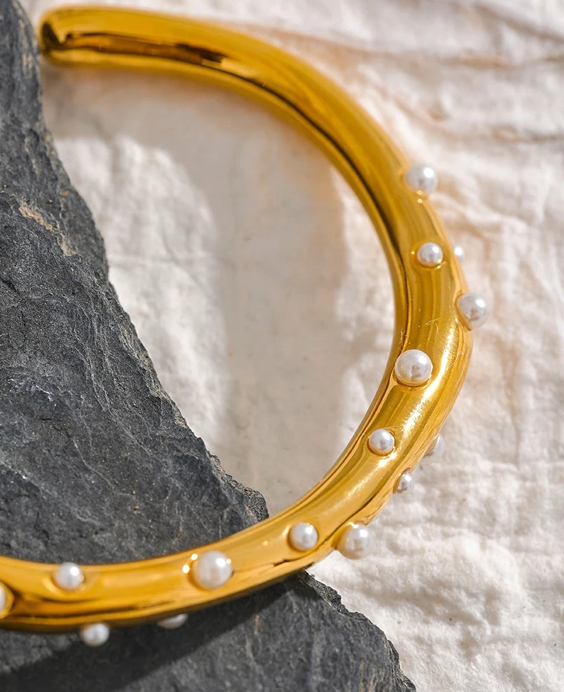 Inlaid Pearl Gold Open Cuff Bracelet