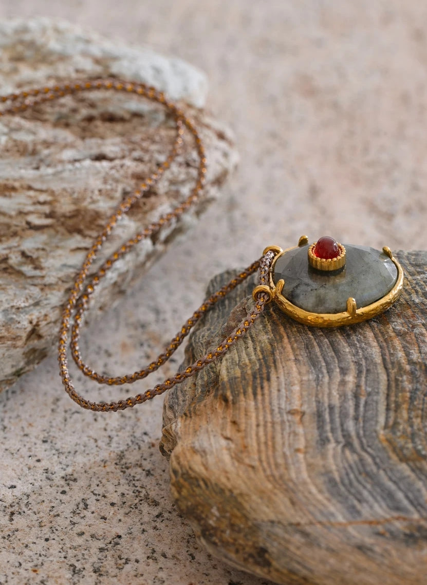 Natural Labradorite & Red Agate Pendant Necklace