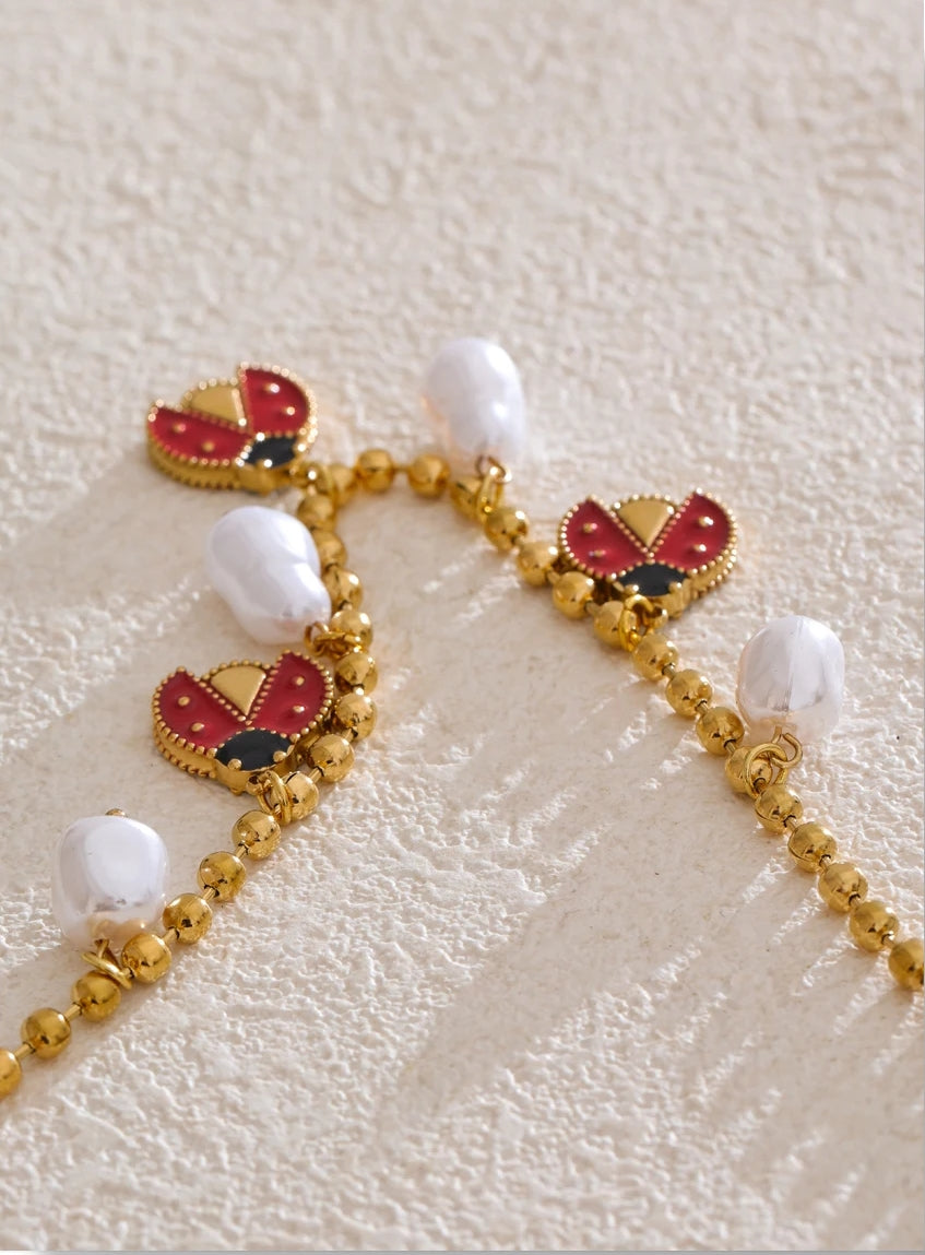 Natural Pearls & Enamel Ladybird Charms Necklace