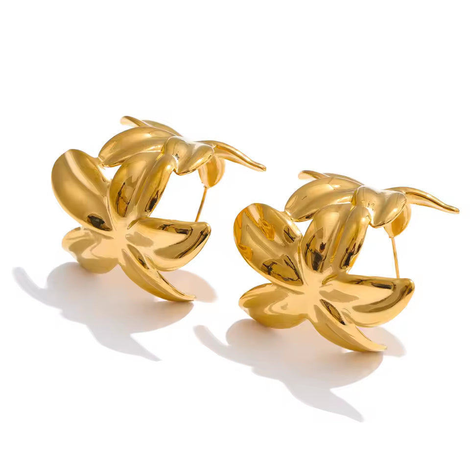 Pink Enamel Golden Flower Huggie Earrings