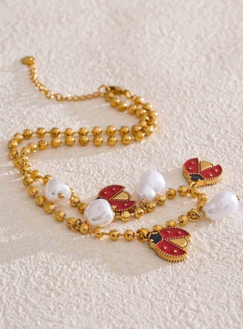 Natural Pearls & Enamel Ladybird Charms Necklace