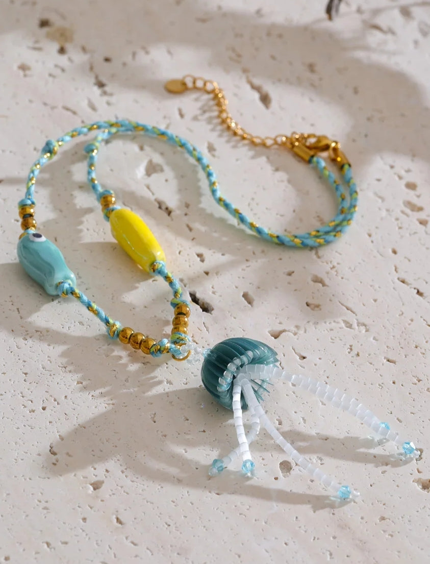 Crystal Jellyfish & Twin Ceramic Fish Nautical Rope Necklace