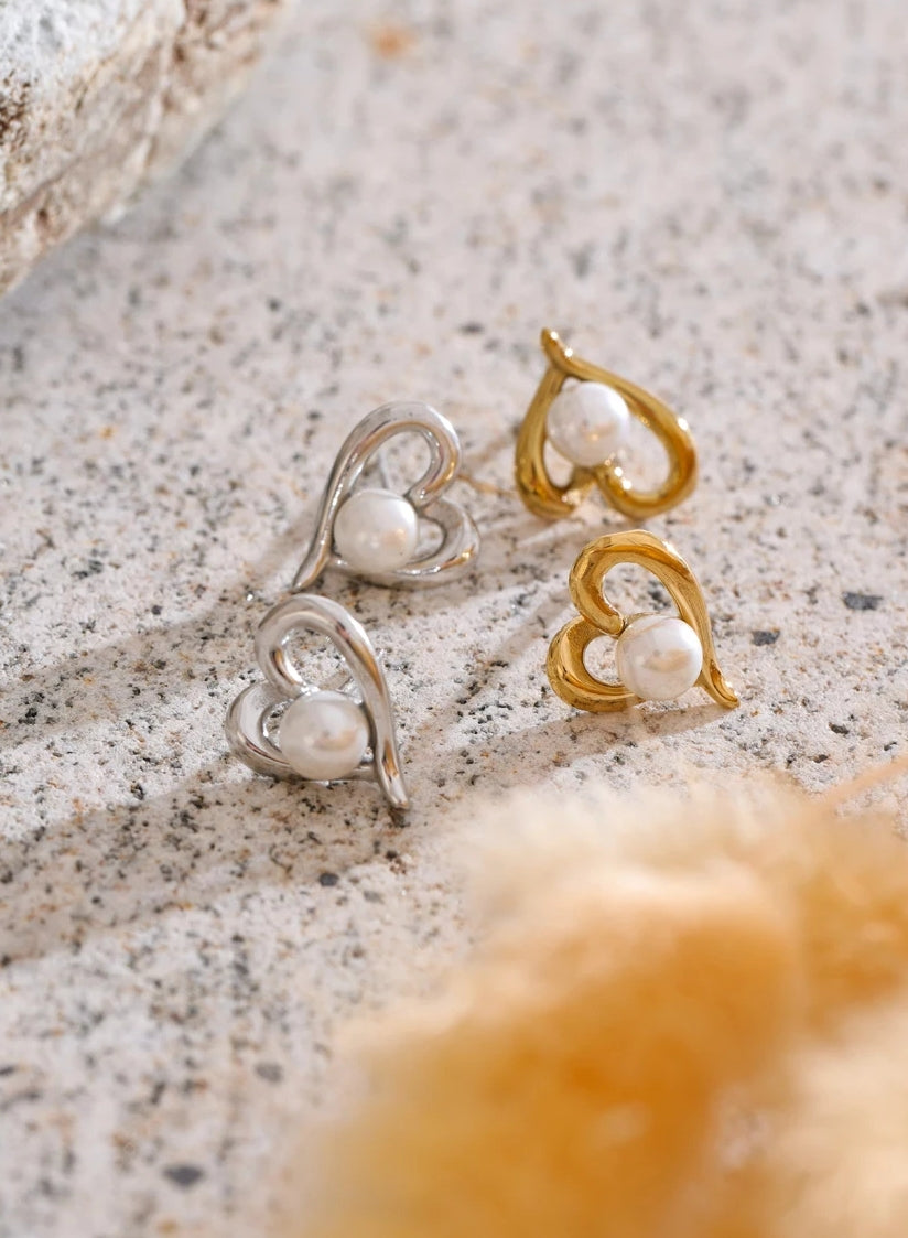 Asymmetrical Heart Pearl Stud Earrings