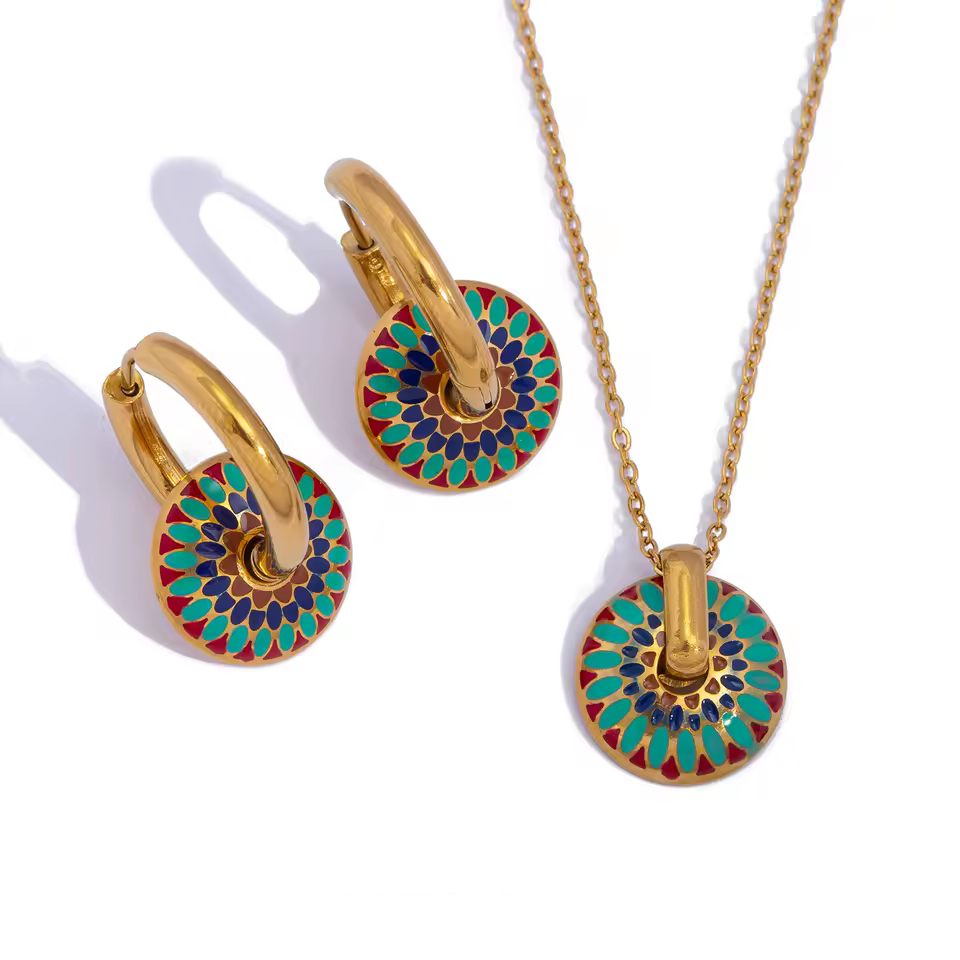 Painted Daisy Boho Jewelry Set (Necklace & Earrings)