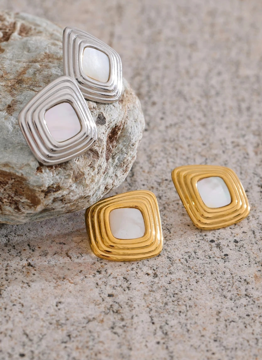 Asymmetric Square Stud Earrings with Shell Detail