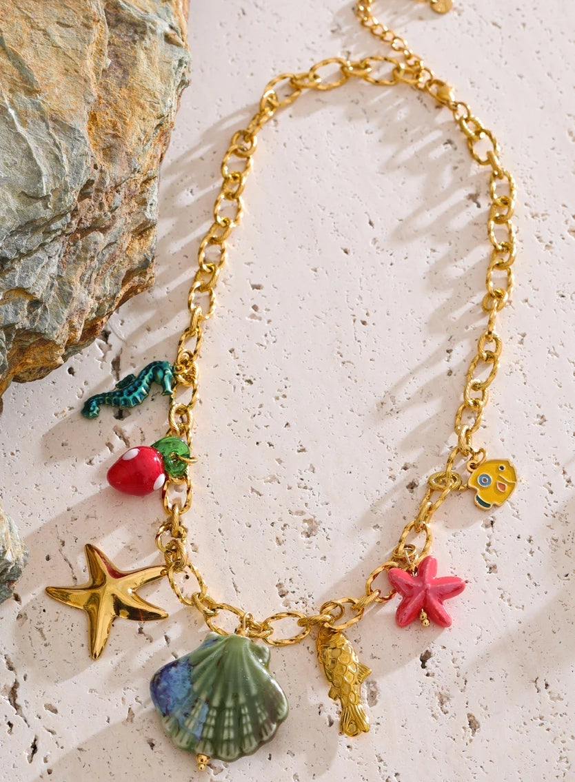 Ceramic Seashell & Sea Charms Necklace