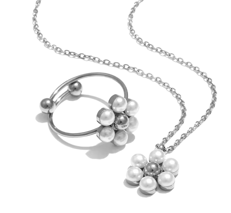Flower With Pearl Jewelry Set (Necklace & Ring)