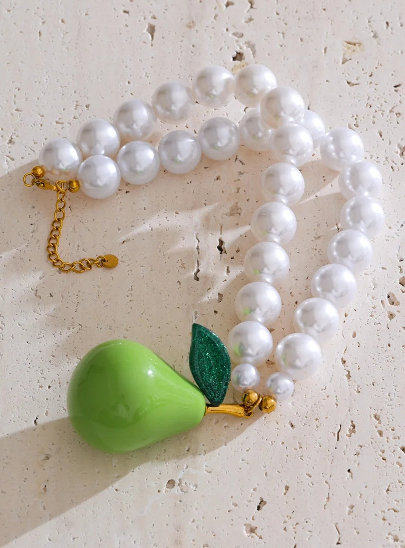 Pearl Chain Green Pear Pendant Necklace
