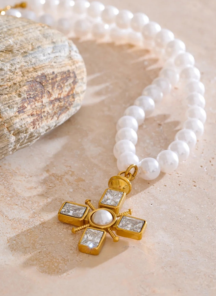 Pearl Cubic Zirconia Cross Pendant Necklace