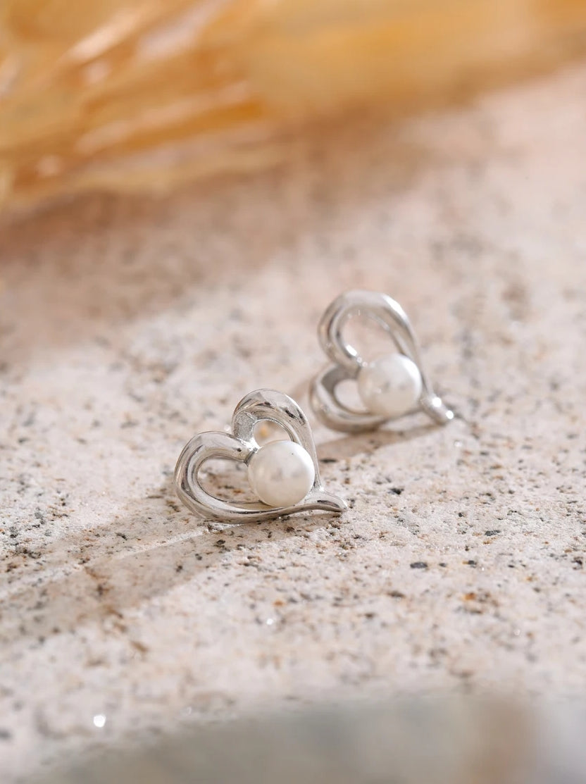 Asymmetrical Heart Pearl Stud Earrings