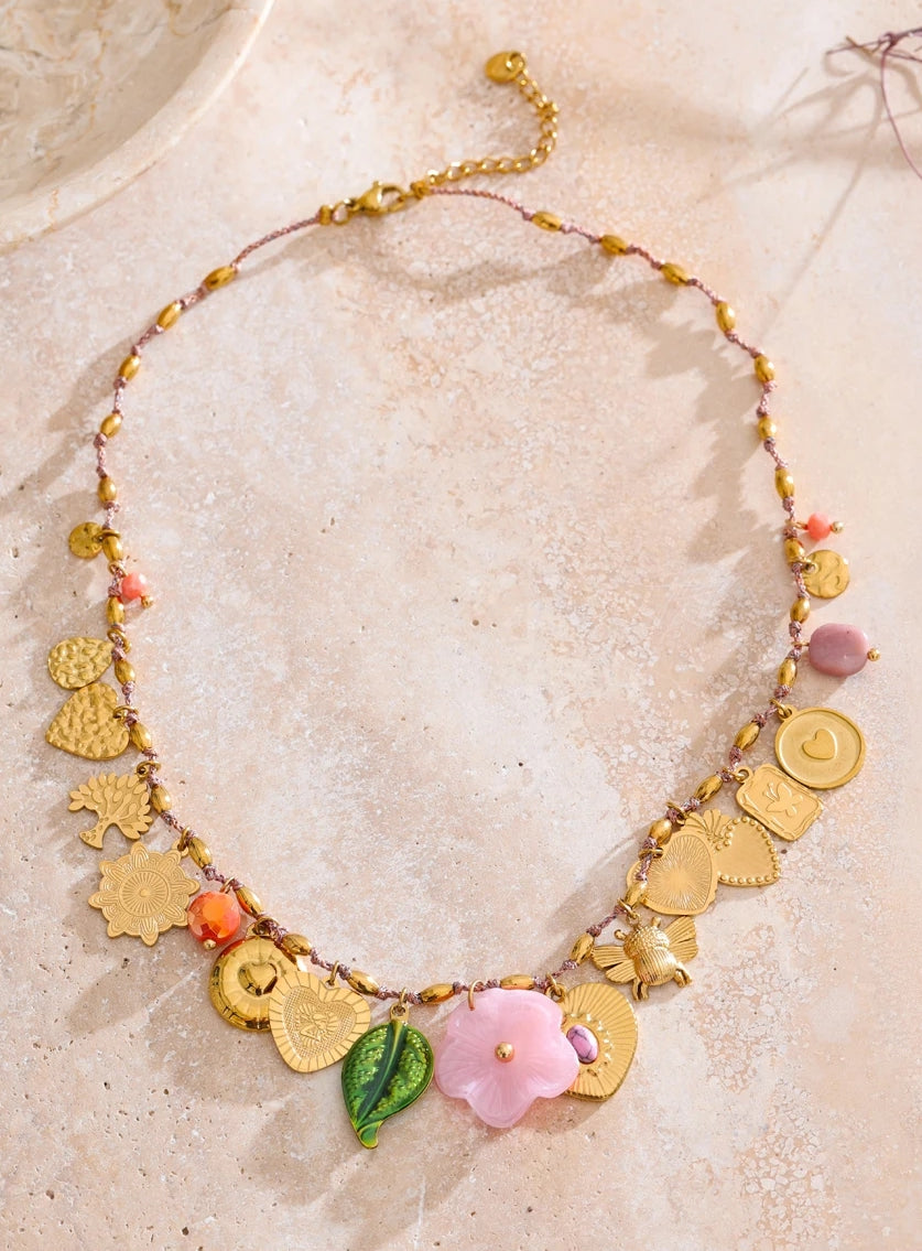 Heart, Flower & Insect Charm Necklace