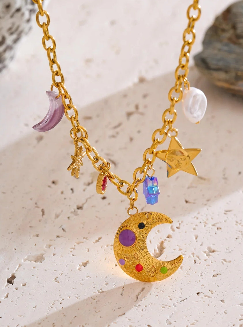 Acrylic Moon Star and Natural Pearl Charm Necklace