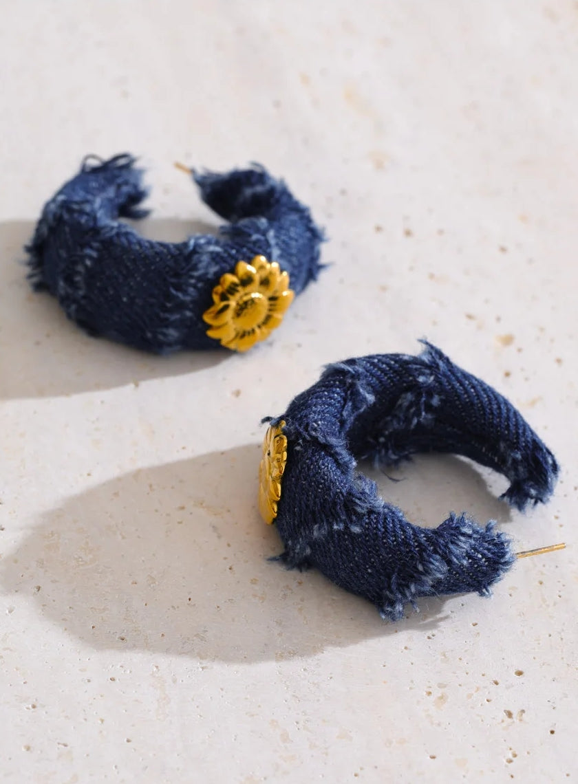Blue Denim Flower Hoop Earrings