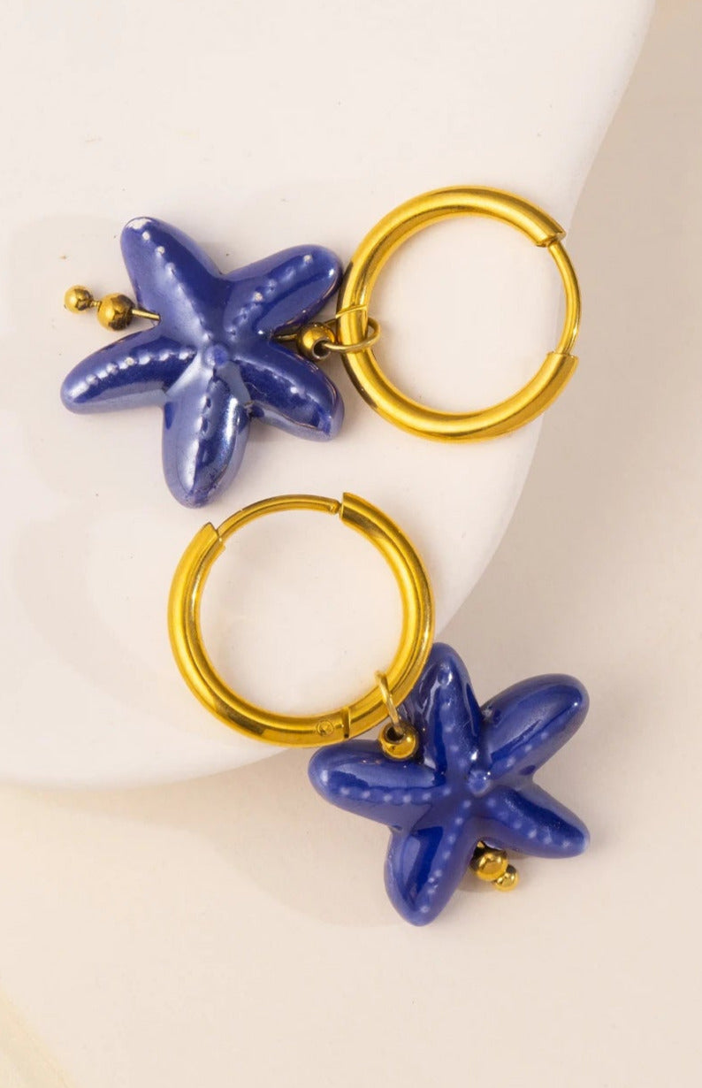 Ceramic Starfish Dangle Hoop Earrings