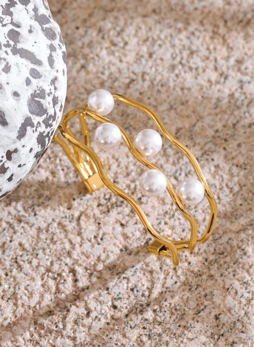 Simulated Pearl Layered Hollow Cuff Bracelet