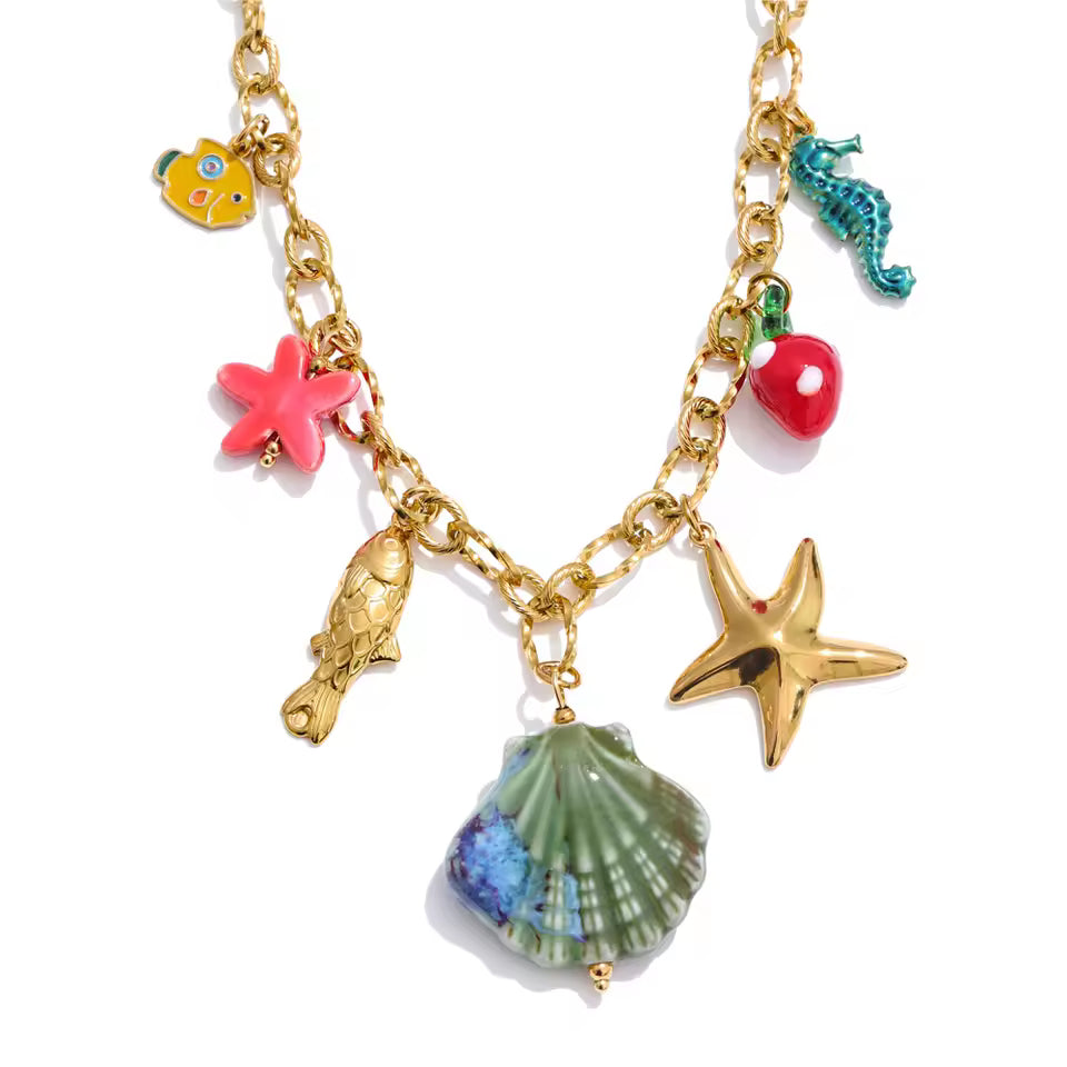 Ceramic Seashell & Sea Charms Necklace