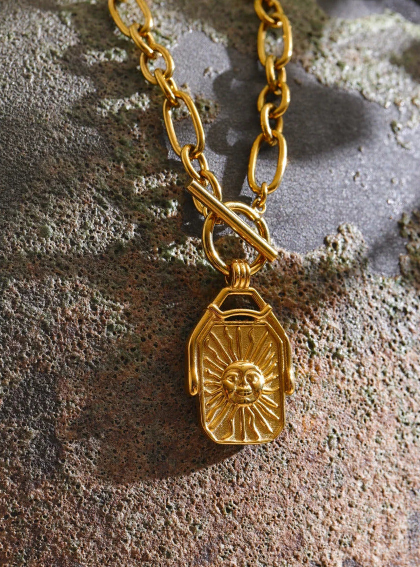 Rectangle Double-Sided Sun Moon Pendant Necklace